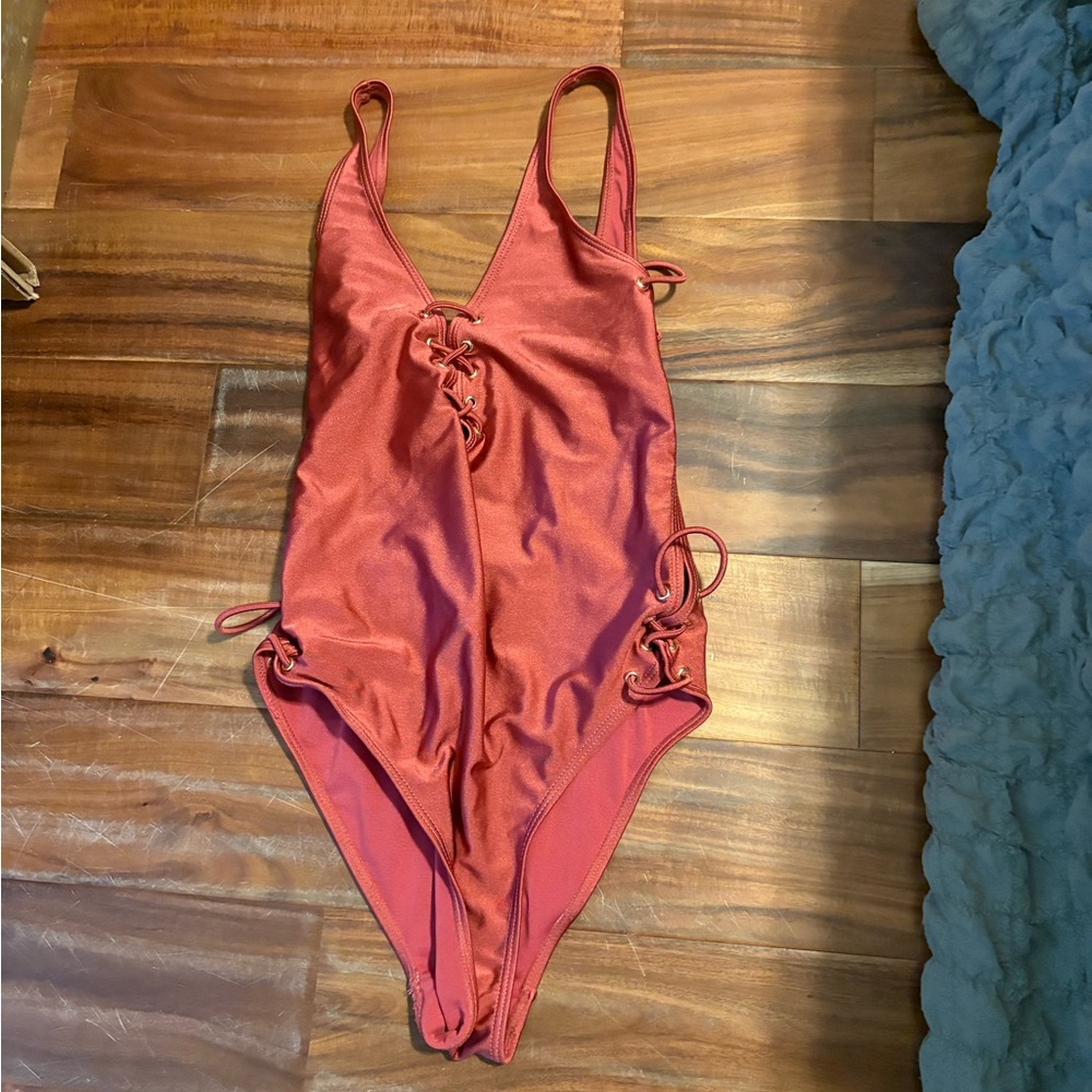 Tinibikini Lace Up One Piece Swimsuit XL Rust Cutout Plunge (0623)